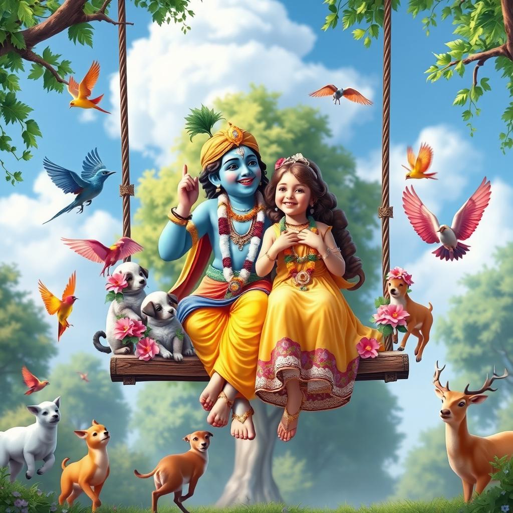 A vibrant and joyful scene depicting Lord Krishna and a young girl on a swing, both laughing happily