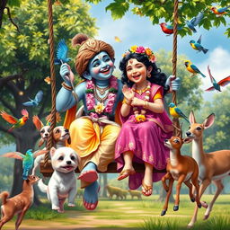 A vibrant and joyful scene depicting Lord Krishna and a young girl on a swing, both laughing happily