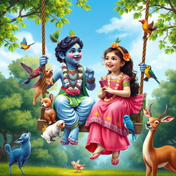 A vibrant and joyful scene depicting Lord Krishna and a young girl on a swing, both laughing happily