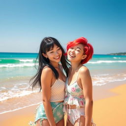 In a vibrant beach setting, two girls are depicted as a lovely couple: one with fair skin and long black hair, and the other with short, bright red hair, showcasing her mixed Korean and French heritage