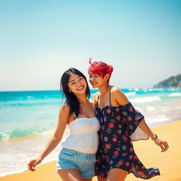 In a vibrant beach setting, two girls are depicted as a lovely couple: one with fair skin and long black hair, and the other with short, bright red hair, showcasing her mixed Korean and French heritage