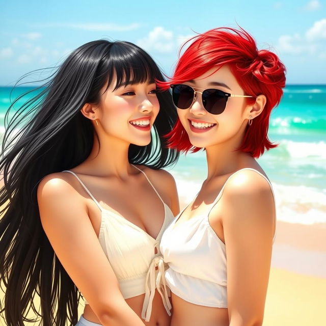 In a vibrant beach setting, two girls are depicted as a lovely couple: one with fair skin and long black hair, and the other with short, bright red hair, showcasing her mixed Korean and French heritage