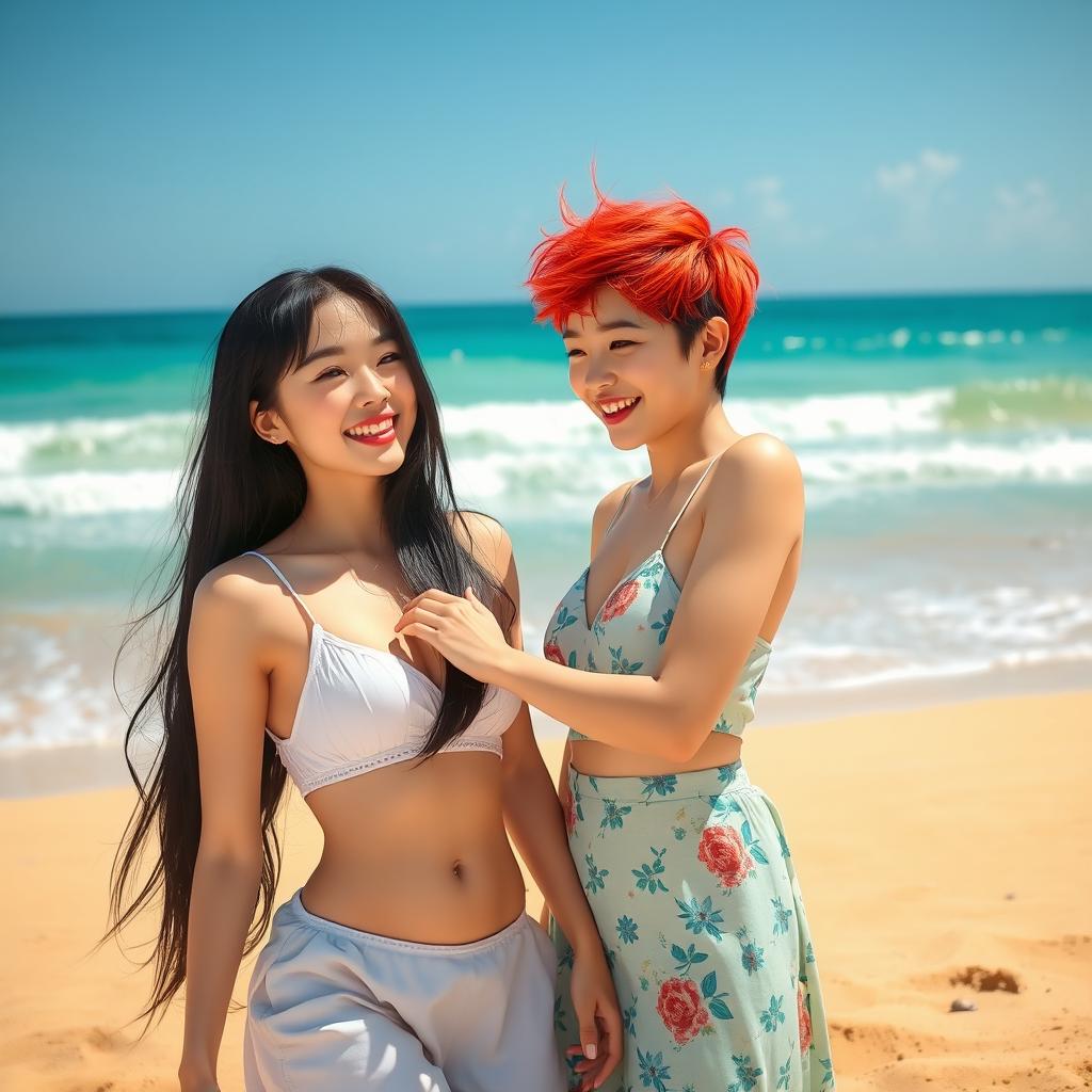 In a vibrant beach setting, two girls are depicted as a lovely couple: one with fair skin and long black hair, and the other with short, bright red hair, showcasing her mixed Korean and French heritage