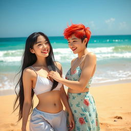 In a vibrant beach setting, two girls are depicted as a lovely couple: one with fair skin and long black hair, and the other with short, bright red hair, showcasing her mixed Korean and French heritage