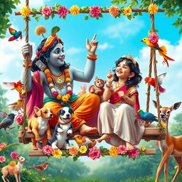 A joyful scene of Lord Krishna and an Indian girl on a swing, both laughing playfully