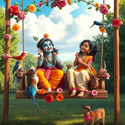 A joyful scene of Lord Krishna and an Indian girl on a swing, both laughing playfully
