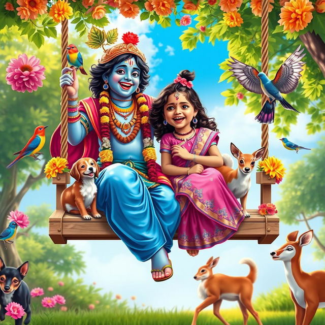 A joyful scene of Lord Krishna and an Indian girl on a swing, both laughing playfully