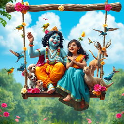 A joyful scene of Lord Krishna and an Indian girl on a swing, both laughing playfully