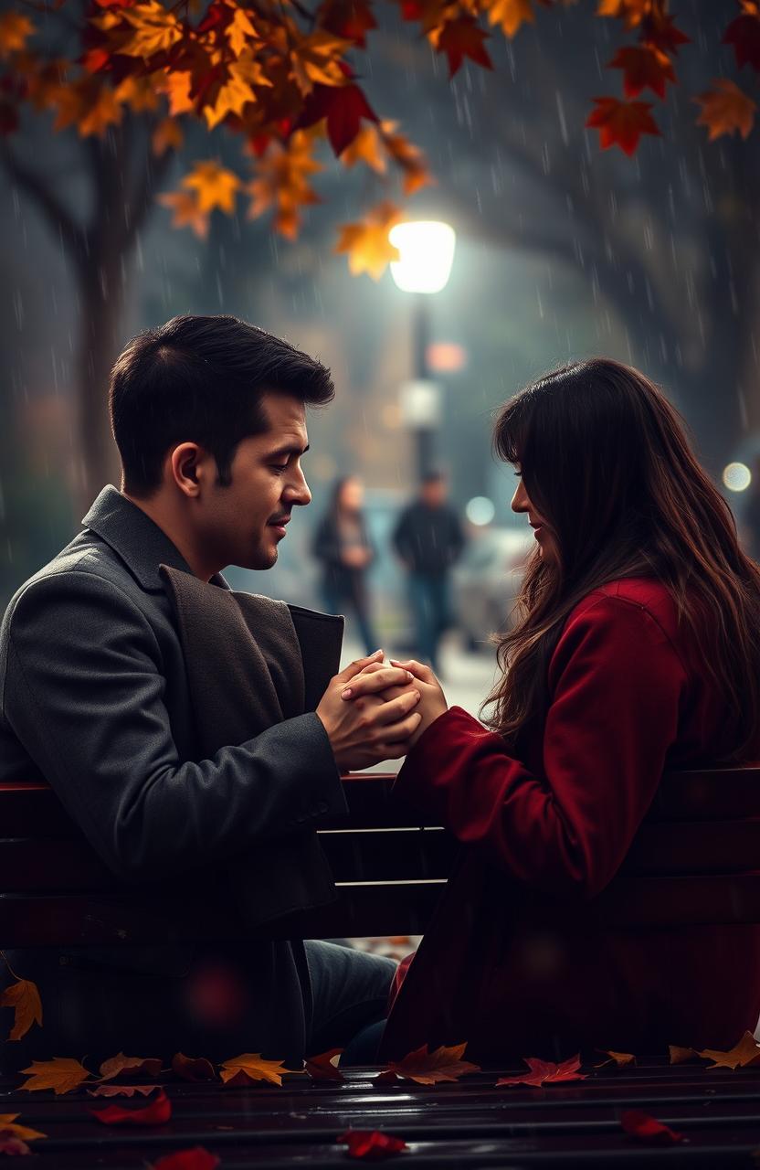 A poignant scene capturing the essence of romance and sadness, featuring a couple sitting on a park bench under a gently falling rain, their hands almost touching but not quite