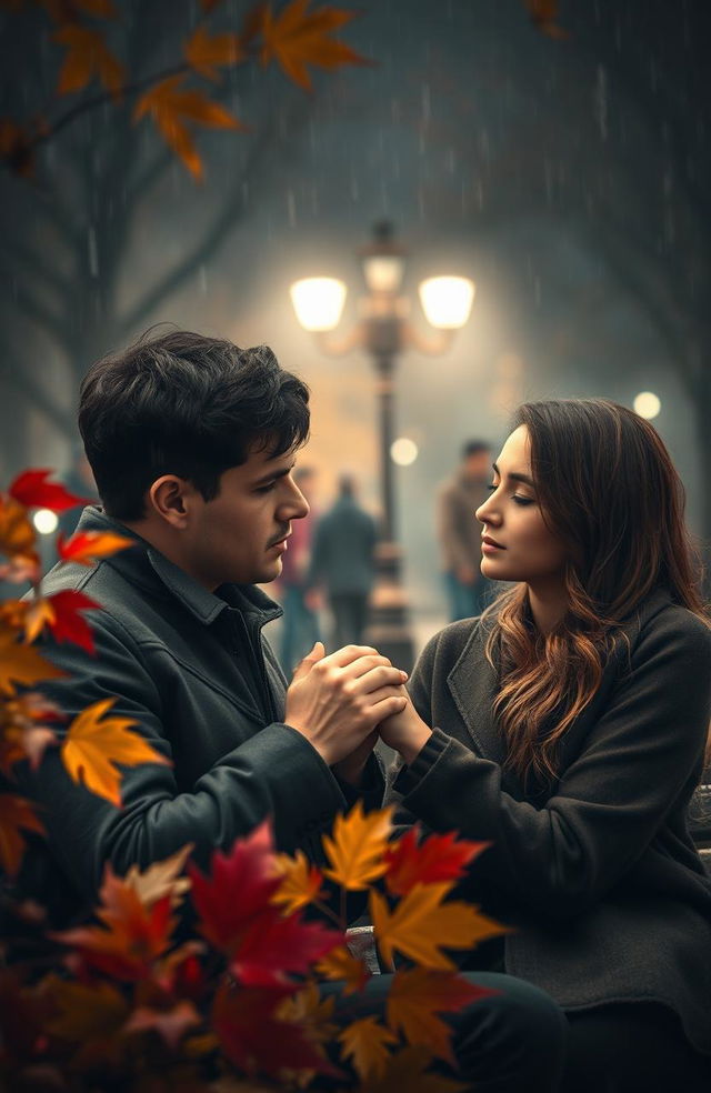 A poignant scene capturing the essence of romance and sadness, featuring a couple sitting on a park bench under a gently falling rain, their hands almost touching but not quite