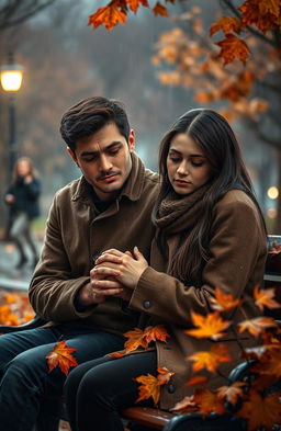 A poignant scene capturing the essence of romance and sadness, featuring a couple sitting on a park bench under a gently falling rain, their hands almost touching but not quite