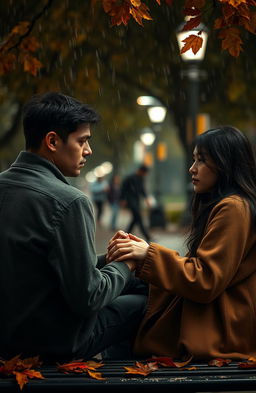 A poignant scene capturing the essence of romance and sadness, featuring a couple sitting on a park bench under a gently falling rain, their hands almost touching but not quite