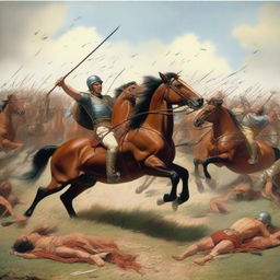 A battlefield scene showing all warriors on horseback falling, victim to arrows launched by Roman soldiers