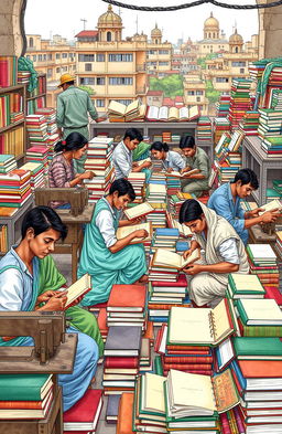 A detailed and vibrant illustration depicting Bangladeshi bookbinders working in Dhaka