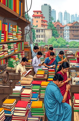 A detailed and vibrant illustration depicting Bangladeshi bookbinders working in Dhaka