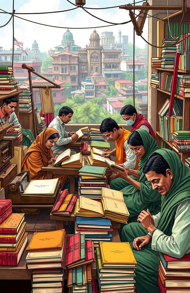 A detailed and vibrant illustration depicting Bangladeshi bookbinders working in Dhaka