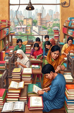 A detailed and vibrant illustration depicting Bangladeshi bookbinders working in Dhaka