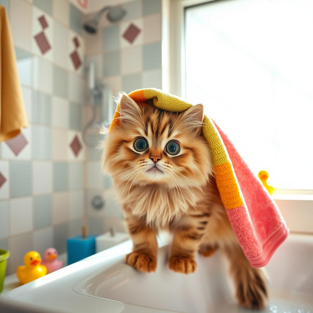 A humorous scene of a fluffy cat in a bathroom, with a bright colorful towel draped on its head