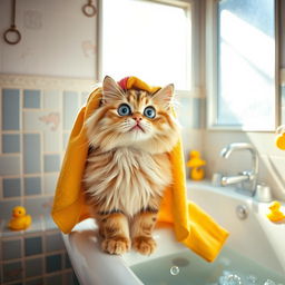 A humorous scene of a fluffy cat in a bathroom, with a bright colorful towel draped on its head