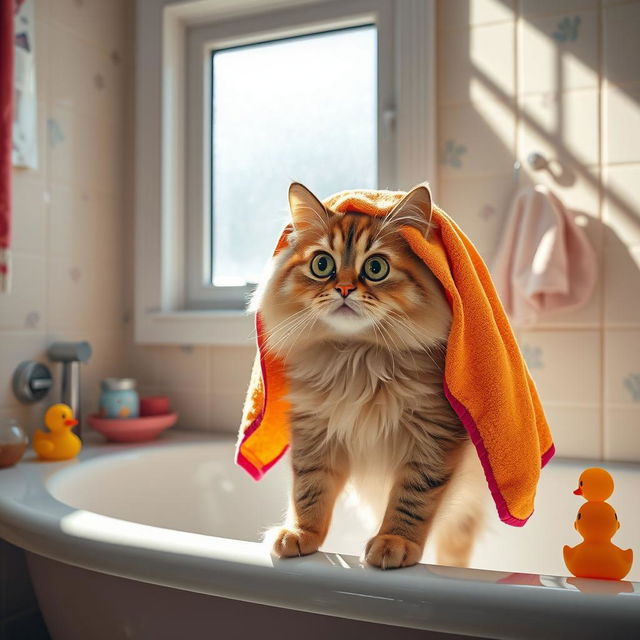 A humorous scene of a fluffy cat in a bathroom, with a bright colorful towel draped on its head