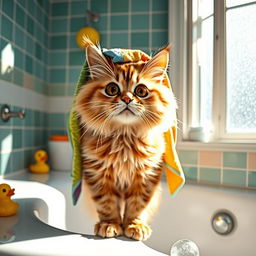 A humorous scene of a fluffy cat in a bathroom, with a bright colorful towel draped on its head