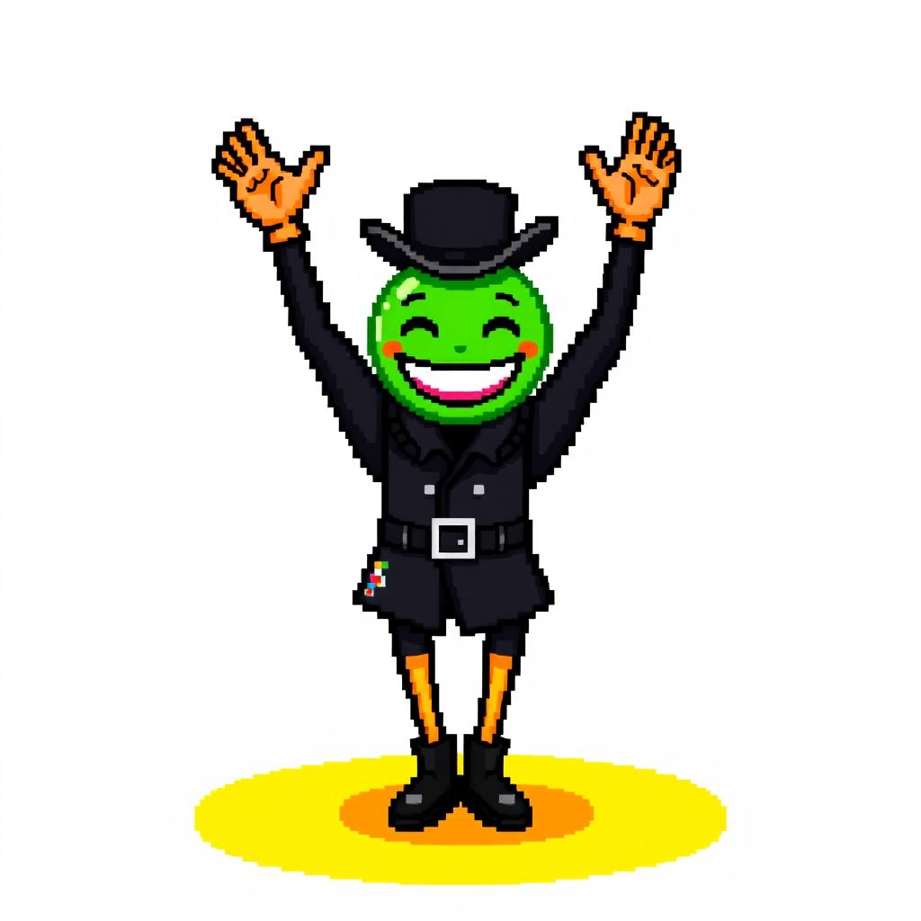 A pixel art character dressed in a black outfit with a top hat, arms raised joyfully