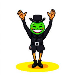A pixel art character dressed in a black outfit with a top hat, arms raised joyfully