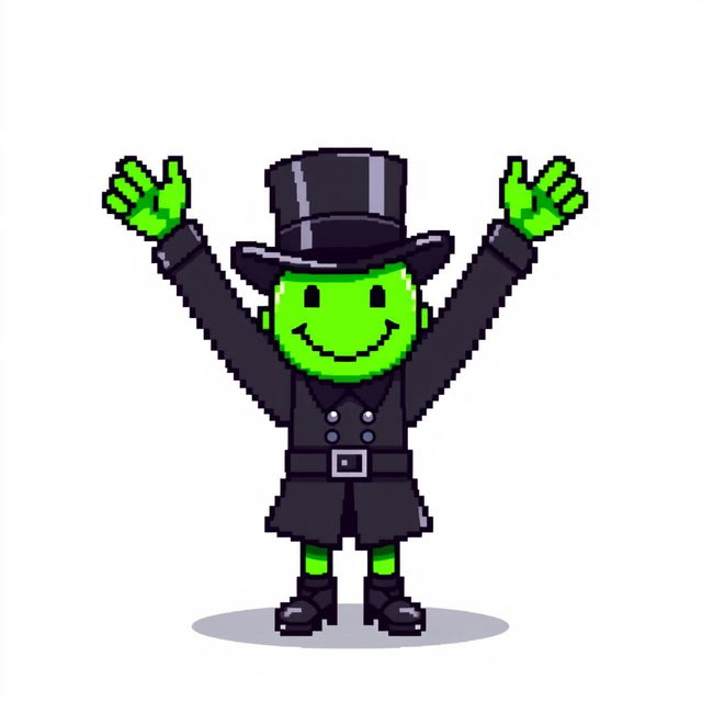 A pixel art character dressed in a black outfit with a top hat, arms raised joyfully