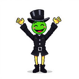 A pixel art character dressed in a black outfit with a top hat, arms raised joyfully