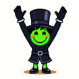 A pixel art character dressed in a black outfit with a top hat, arms raised joyfully