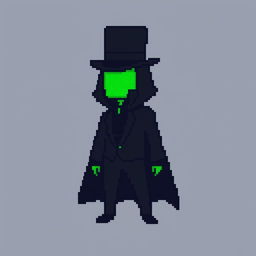 A pixel art character in a black suit with a long cloak and a top hat