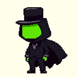 A pixel art character in a black suit with a long cloak and a top hat