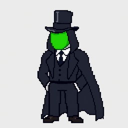 A pixel art character in a black suit with a long cloak and a top hat