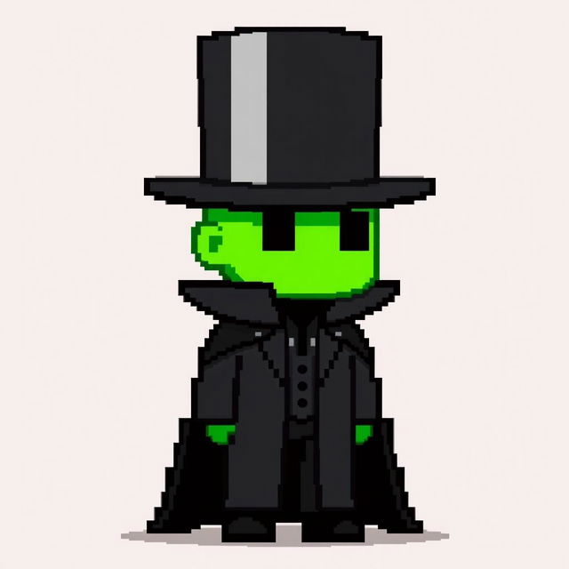 A pixel art character in a black suit with a long cloak and a top hat