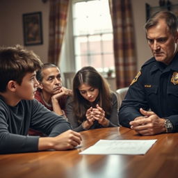 A concerned young dad with short hair and his mom sitting together at a table with a police officer in a cozy home environment
