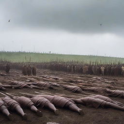 A somber scene of a mass burial for the fallen warriors, struck by Roman arrows, under an overcast sky