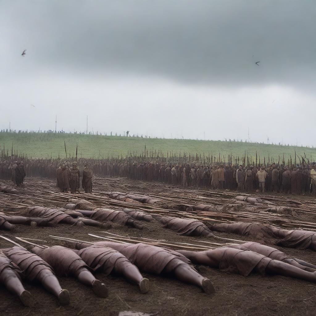 A somber scene of a mass burial for the fallen warriors, struck by Roman arrows, under an overcast sky