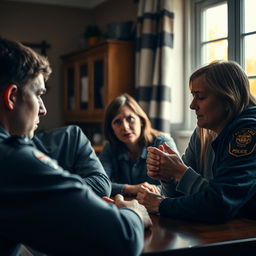 A concerned young dad with short hair and his mom sitting together at a table with a police officer in a cozy home environment