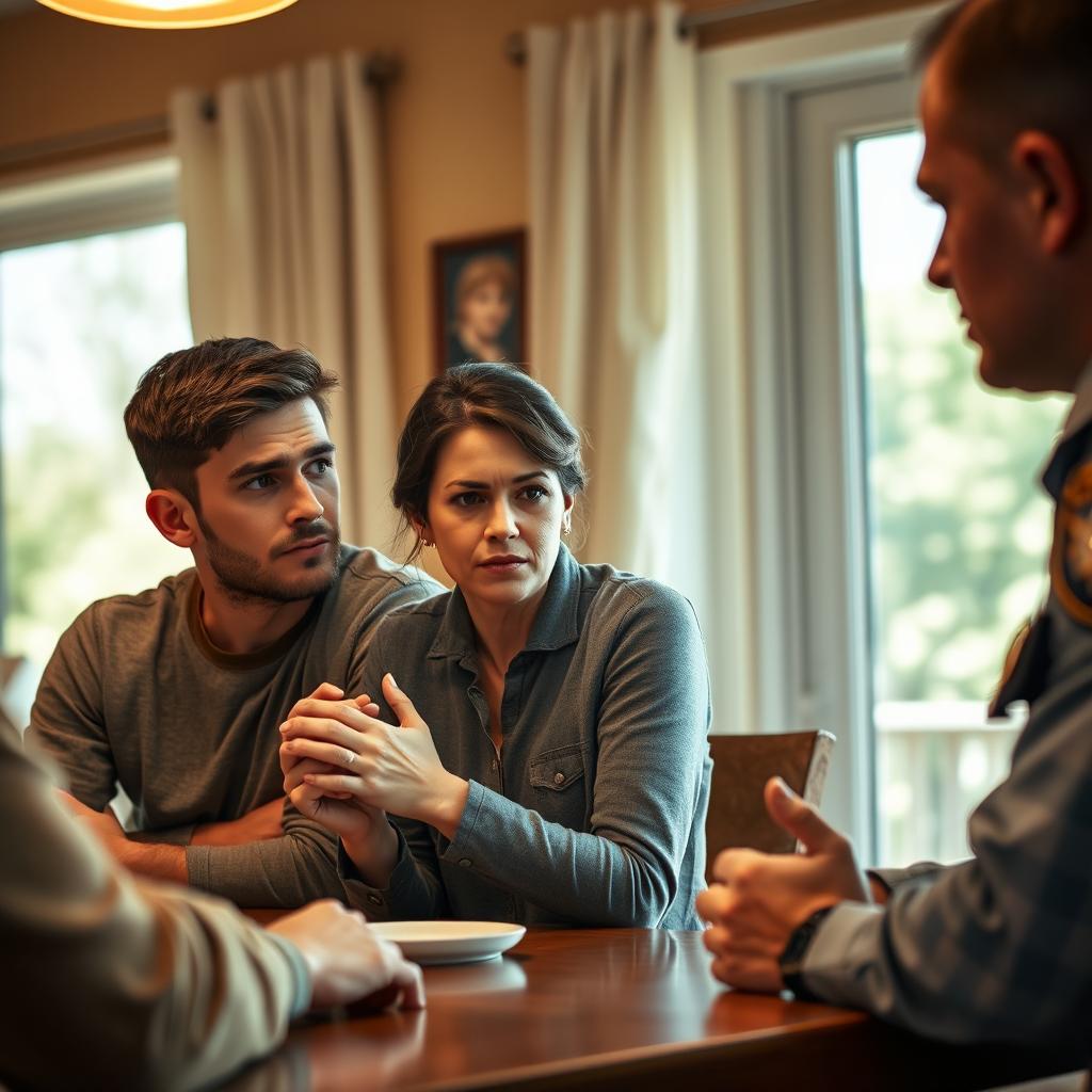 A concerned young dad with short hair and his mom sitting together at a table with a police officer in a cozy home environment