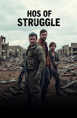 A dramatic scene titled 'Echos of Struggle' featuring two men standing amidst a backdrop of destroyed buildings