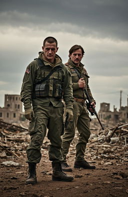 A dramatic scene titled 'Echos of Struggle' featuring two men standing amidst a backdrop of destroyed buildings
