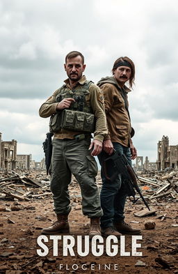 A dramatic scene titled 'Echos of Struggle' featuring two men standing amidst a backdrop of destroyed buildings
