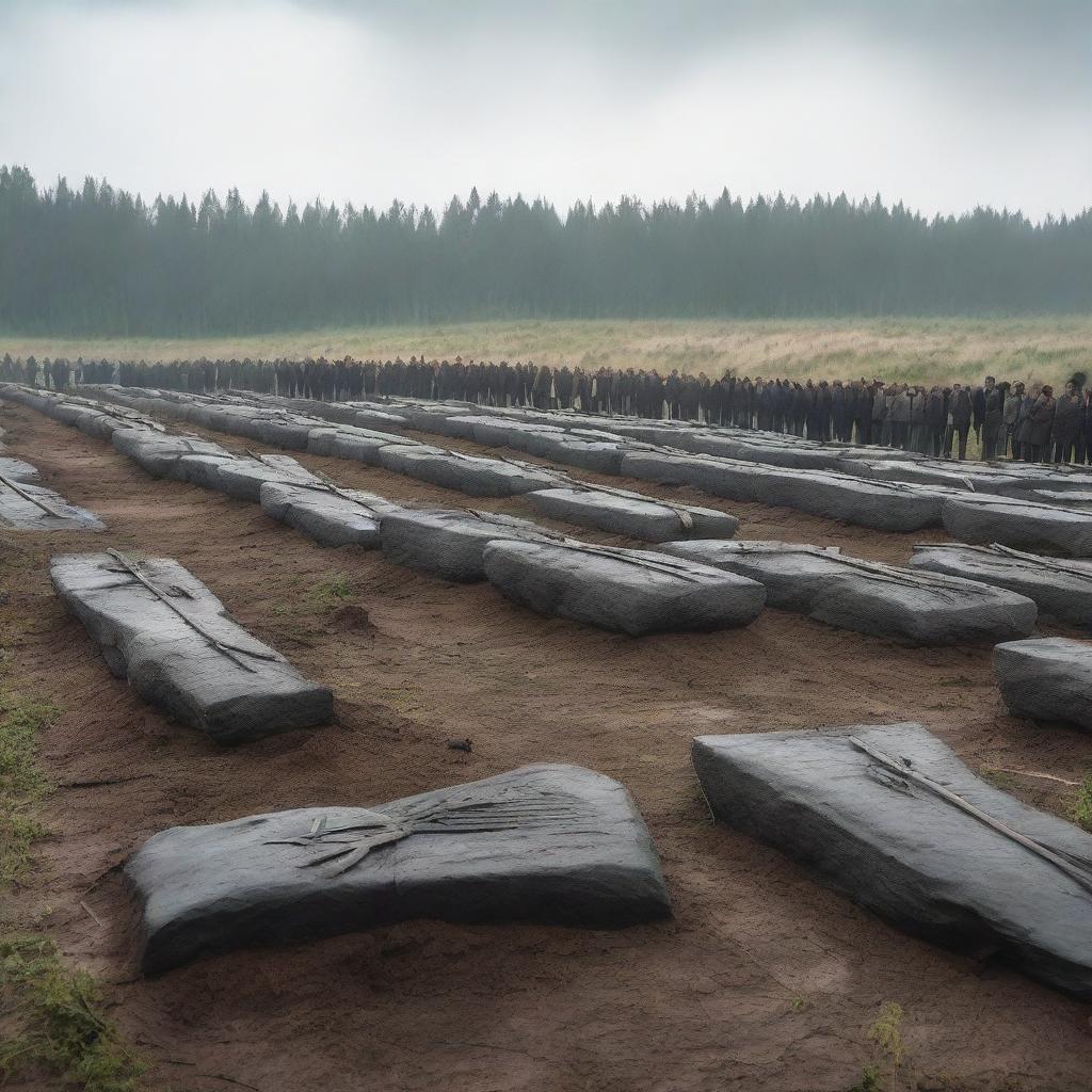 A somber scene of a mass burial for the fallen warriors, struck by Roman arrows, under an overcast sky