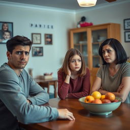 A concerned family scene inside a cozy home: a young dad with short black hair and a worried expression, a short black hair mom looking anxious, both seated at a wooden dining table