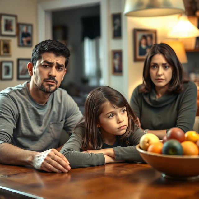 A concerned family scene inside a cozy home: a young dad with short black hair and a worried expression, a short black hair mom looking anxious, both seated at a wooden dining table