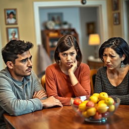 A concerned family scene inside a cozy home: a young dad with short black hair and a worried expression, a short black hair mom looking anxious, both seated at a wooden dining table