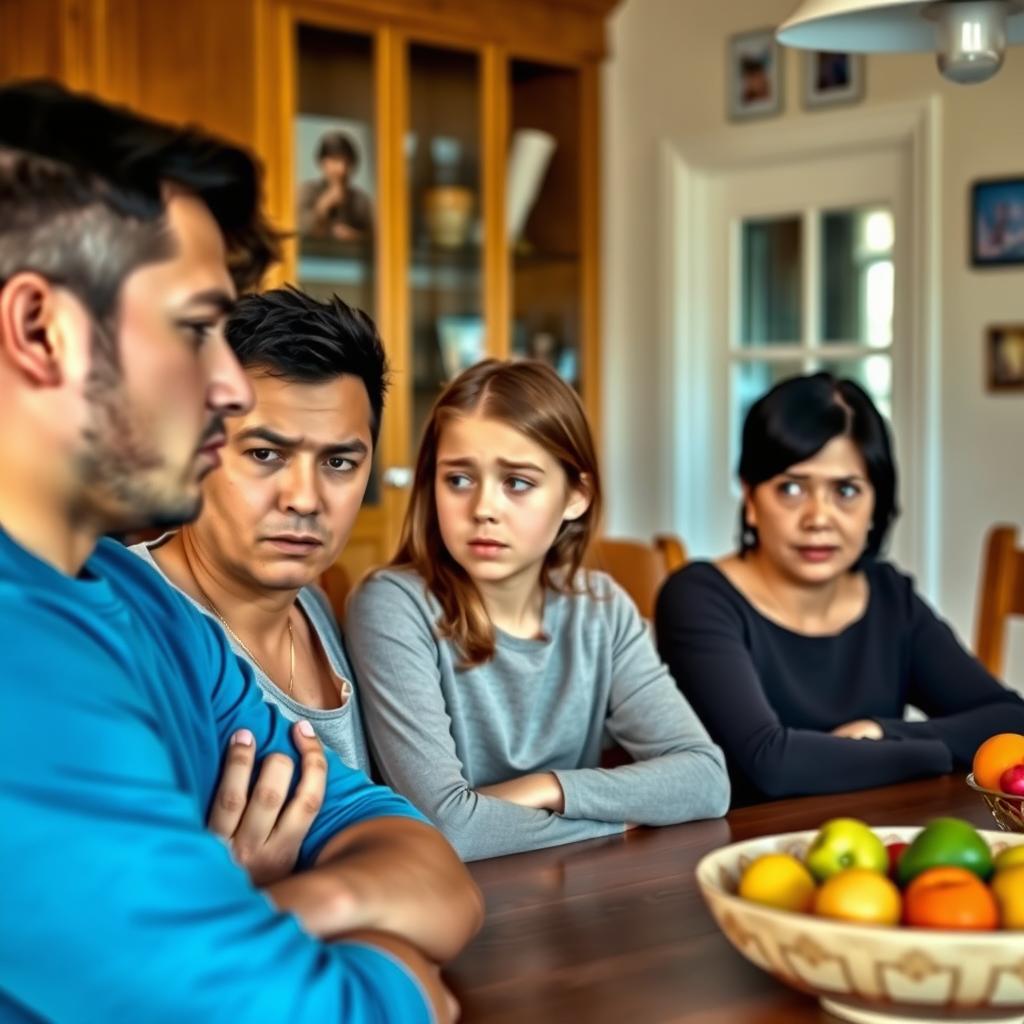 A concerned family scene inside a cozy home: a young dad with short black hair and a worried expression, a short black hair mom looking anxious, both seated at a wooden dining table