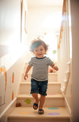 A small child with curly brown hair joyfully walking up a staircase in a brightly lit home