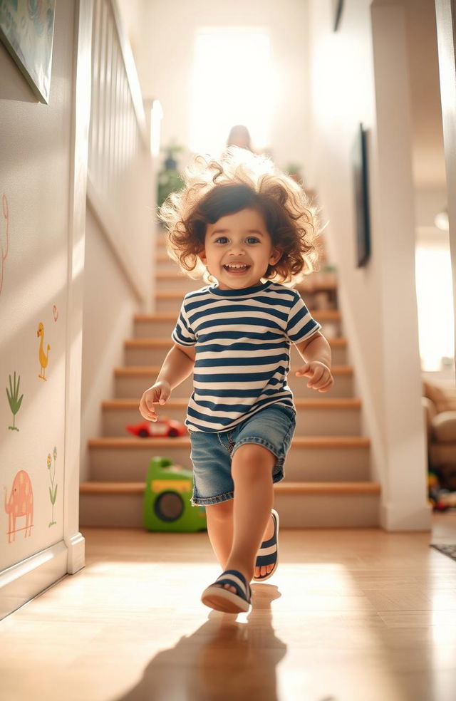 A small child with curly brown hair joyfully walking up a staircase in a brightly lit home