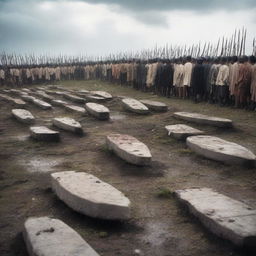 A somber scene of a mass burial for the fallen warriors, struck by Roman arrows, under an overcast sky